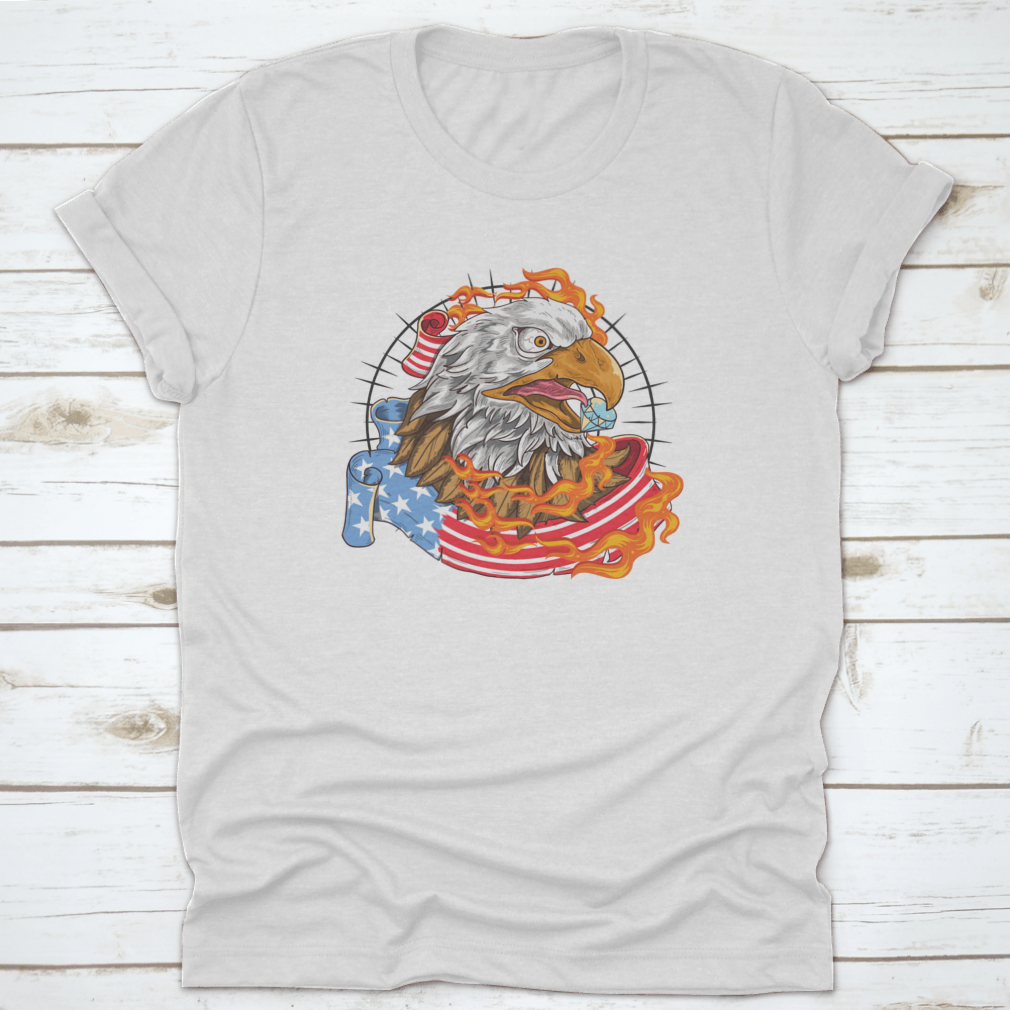 A stylish t-shirt featuring a flaming eagle with a diamond on its beak, showcasing a patriotic design.